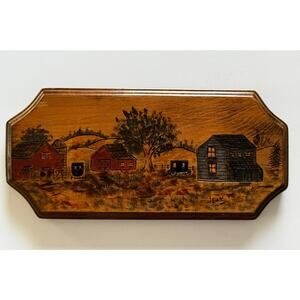 Vintage Hand Painted Folk Art Wood Wall Plaque Signed Americana Farm Scene 1990
